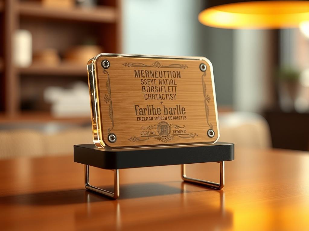 A high-resolution, hyper-realistic close-up shot of a laser-engraved product displayed on a sleek stand. The product should have intricate details from the laser engraving visible, showcasing precision and quality. The background should be softly blurred to emphasize the product and the stand, which should have a modern design, enhancing the overall aesthetic of the image. The lighting should be warm and inviting, highlighting the craftsmanship and texture of the engraved surface.