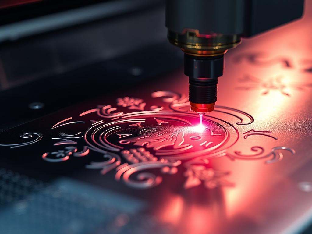 A close-up shot of a fiber laser engraving machine in action, focusing on the metal surface being engraved. The setting is well-lit, showcasing detailed patterns being etched onto the shiny metal. The machine's laser beam is visible, creating a striking contrast with the metallic surface. The background is blurred out to emphasize the engraving process. Use hyper-realistic lighting to highlight the intricate details of the metal and the precision of the fiber laser.