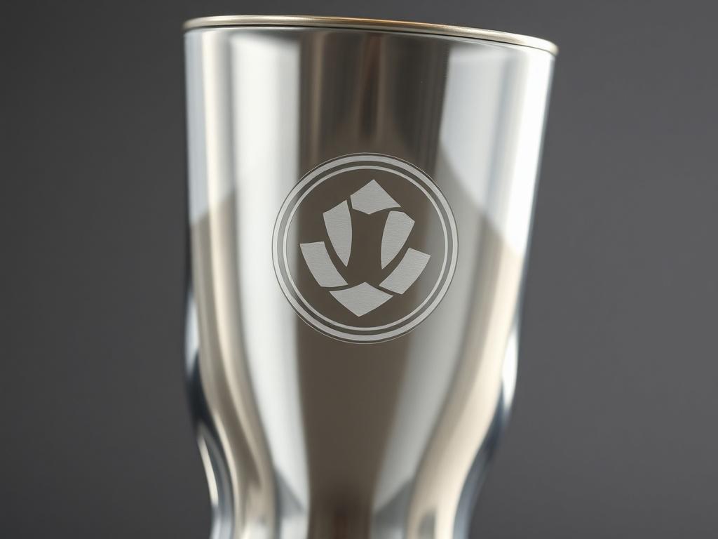 A close-up shot of a beautifully engraved cup featuring a logo, with a simple background that enhances the focus on the cup. The engraving should be sharp and detailed, highlighting the quality of the laser work. The image should have a hyper-realistic style, shot with a 45mm f/1.2 lens.