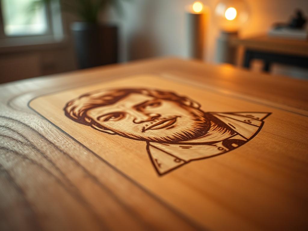 A close-up shot of a beautifully laser engraved picture of a person on a wooden surface. The engraving showcases intricate details and textures, highlighting the craftsmanship. The background is softly blurred to emphasize the wooden texture and the engraved image, capturing the warmth and natural beauty of the wood. The lighting is warm and inviting, creating a cozy atmosphere that enhances the overall appeal of the artwork.