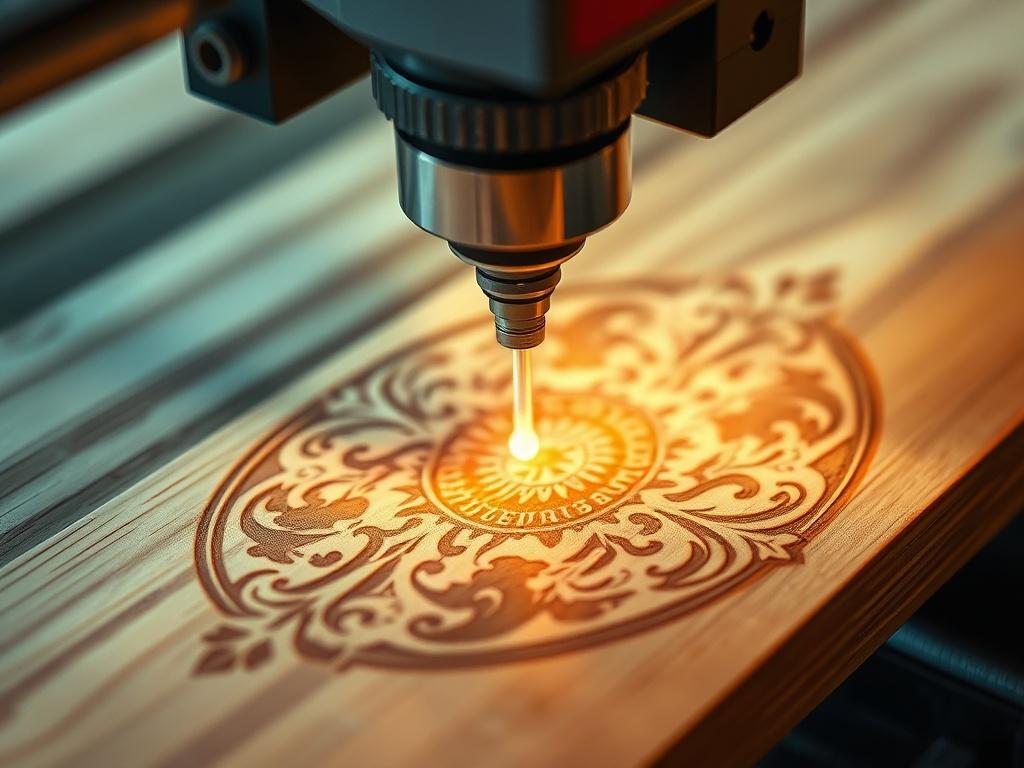 A hyper-realistic close-up shot of a laser engraving machine in action, engraving a large and intricate design on a wooden surface. The image should focus on the machine's laser beam and the detailed texture of the wood. The background should be softly blurred to emphasize the engraving process, showcasing the precision and quality of the laser work. Use vibrant colors that complement the primary color rgb(245, 77, 77).