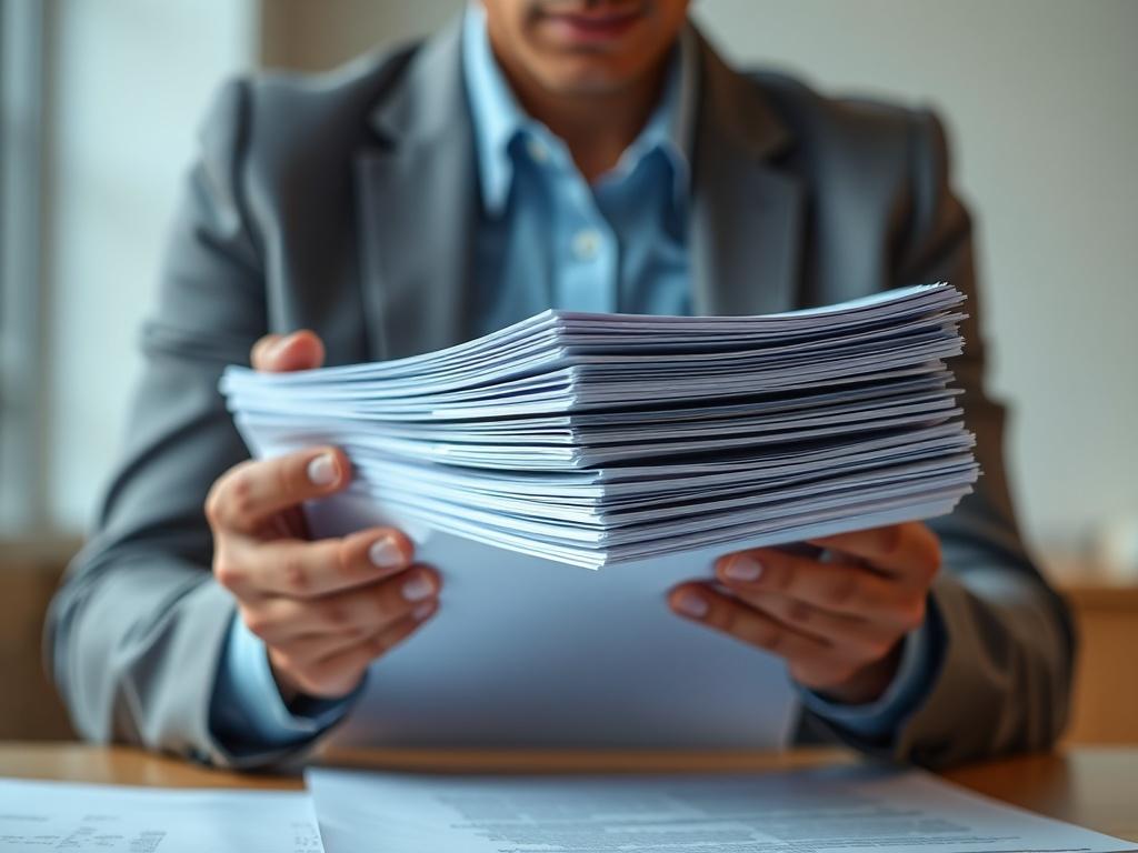 A focused, hyper-realistic close-up shot of a person holding a stack of documents, looking determined and engaged in a professional setting. The background should be blurred to emphasize the subject, with soft lighting enhancing the details of the documents. The primary color of the image should complement rgb(4, 104, 120), creating a cohesive visual representation of the FOIA Enforcement Package.