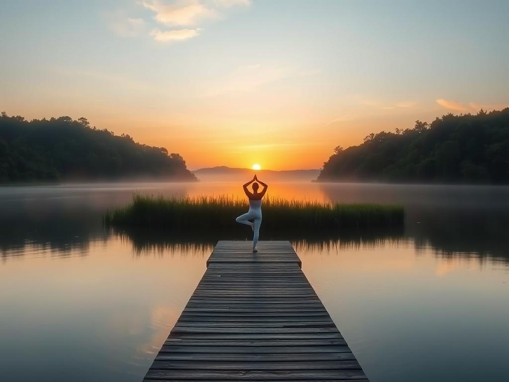 A serene landscape featuring a calm lake surrounded by lush greenery at sunrise. A single person practicing yoga on a wooden dock, reflecting tranquility and balance. Soft, warm lighting enhances the peaceful atmosphere, with gentle ripples on the water adding to the sense of calm.