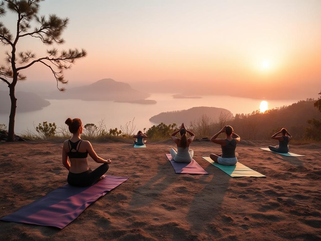 An inspiring outdoor location showcasing a yoga session at sunrise, with participants on mats overlooking a tranquil lake. The atmosphere is calm and rejuvenating, with soft colors reflecting the early morning light. The scene highlights the connection between nature and personal growth, encouraging a sense of peace and adventure.