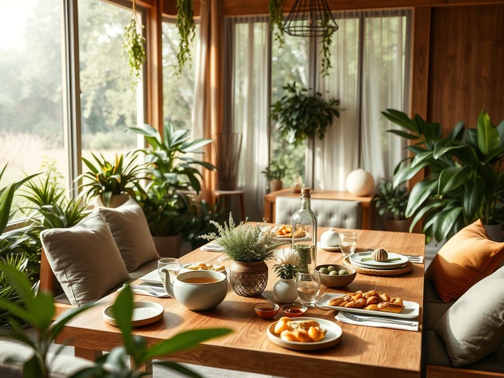 A serene setting with a cozy retreat space surrounded by lush greenery, featuring comfortable seating and a peaceful ambiance. Soft natural lighting filters through large windows, creating a warm atmosphere. The focus is on a beautifully arranged table with healthy meals and wellness materials, inviting guests to relax and connect with nature.