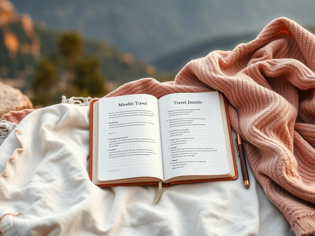 A flat lay of a beautifully designed mindfulness travel journal, featuring a soft cover with calming colors. The journal is open to a page with guided prompts, surrounded by a peaceful outdoor setting with soft natural lighting. Include a scenic background of mountains or a quiet forest, with a cozy blanket and a pen placed nearby to create a serene atmosphere.