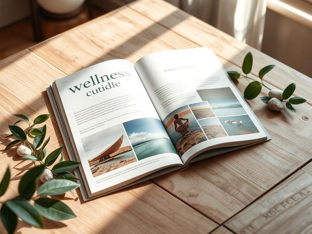 An open Wellness Retreat Guidebook displayed on a rustic wooden table, with images of serene retreat locations and calming color palettes. Surround the guidebook with natural elements like leaves and stones to evoke a sense of nature. Soft light filters through, creating a warm and inviting atmosphere.