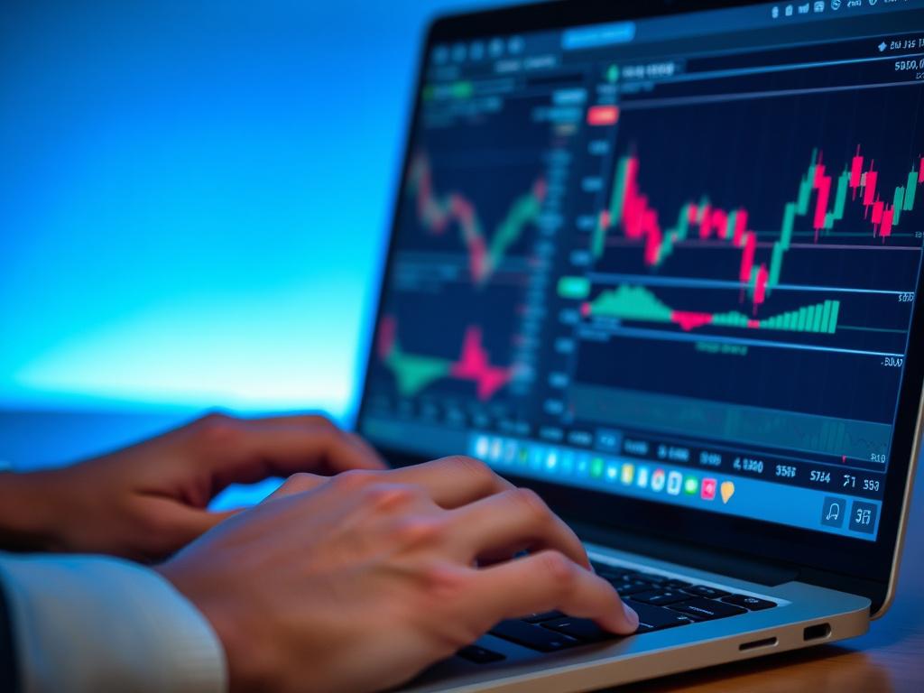 A hyper-realistic close-up photo of a trader’s hand using a laptop keyboard with a MetaTrader platform open showing live Forex market data and charts. The background has a subtle blue glow matching rgb(3, 125, 201) and is shot with a 45mm f/1.2 lens style to highlight the focus on the hands and screen.