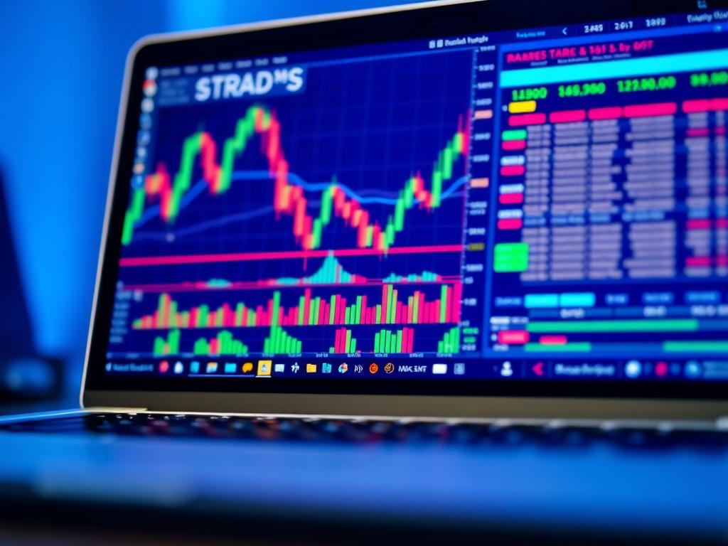 A hyper-realistic close-up shot of a laptop screen displaying a colorful and detailed Forex trading chart with candlesticks and indicators. The background is blurred, focusing on the screen, with a subtle blue tint matching rgb(3, 125, 201). The image is shot with a 45mm f/1.2 lens style to emphasize clarity and depth.
