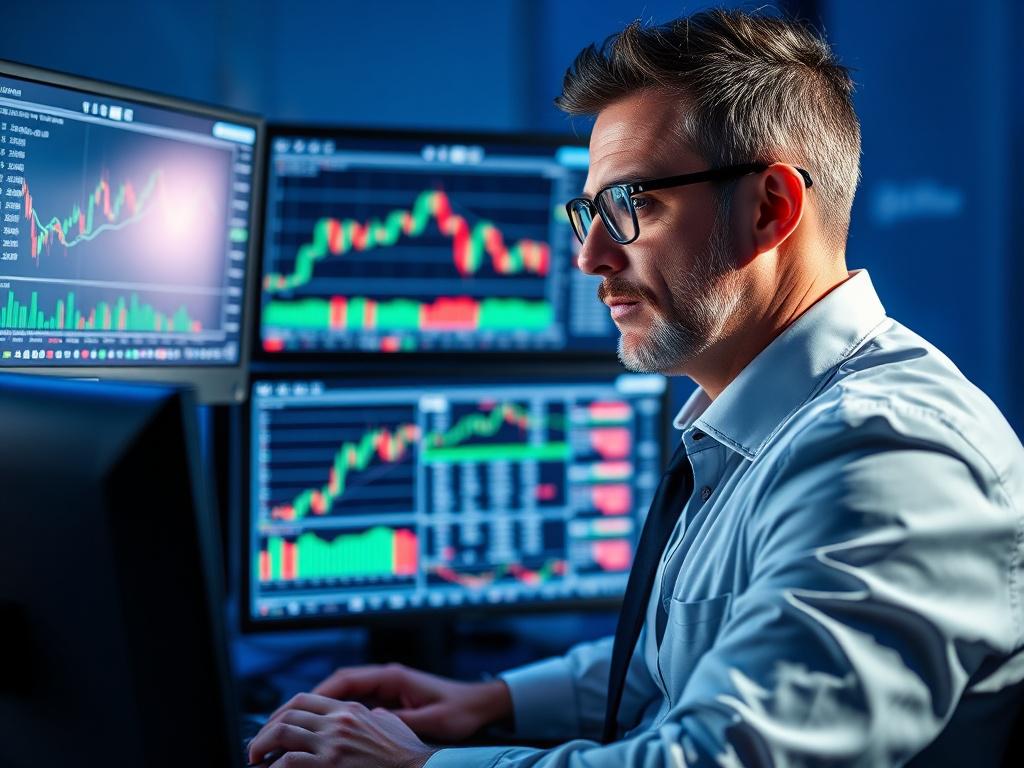 A hyper-realistic close-up image of a confident trader analyzing multiple Forex charts on a multi-monitor setup. The main monitor displays a complex trading strategy with indicators and graphs. The lighting has a blue hue consistent with rgb(3, 125, 201), captured with a 45mm f/1.2 lens style for sharp detail.