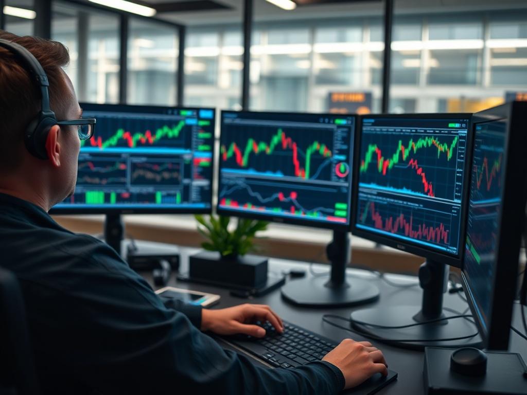 An image showcasing a focused trader analyzing charts on multiple screens in a modern trading office. The atmosphere should be professional and dynamic, reflecting an engaged learning environment. The shot should be clear and detailed, using a 45mm f/1.2 lens.