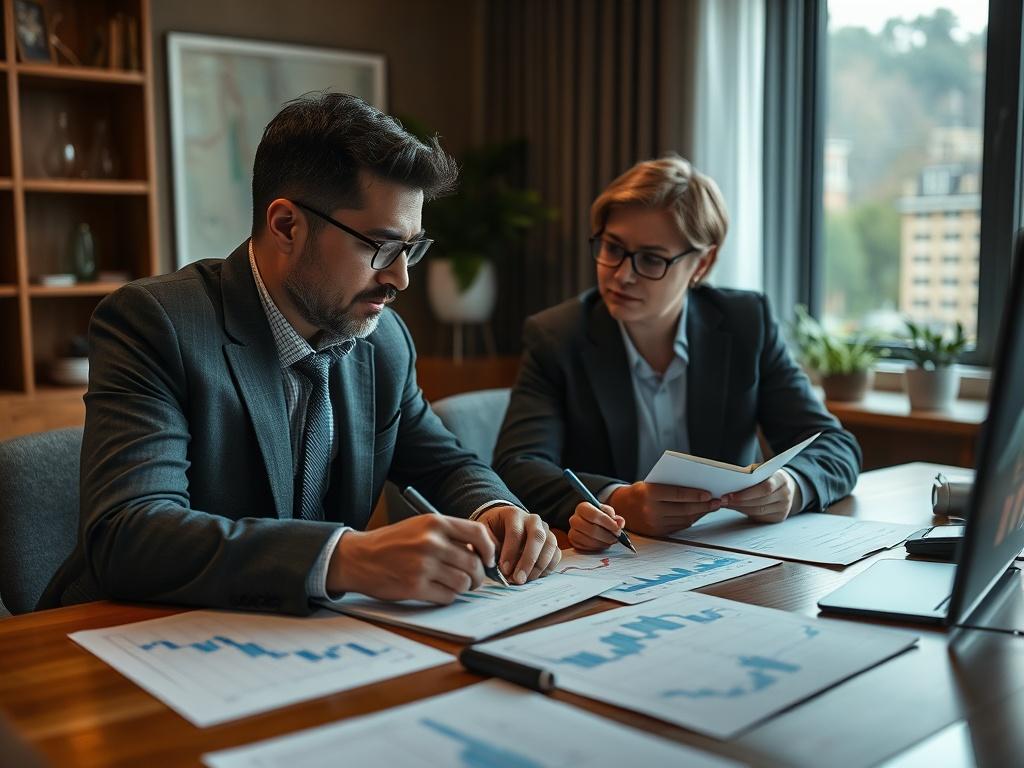 A high-resolution photo of a mentor and mentee engaged in a trading session, with charts and notes spread out on the table. The setting should be an inviting and professional environment, highlighting collaboration and learning. The image should be captured with a 45mm f/1.2 lens.