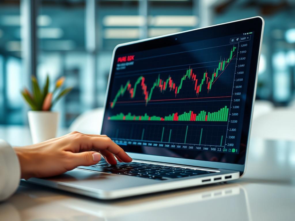 A close-up shot of a laptop displaying a Forex trading chart, with a hand interacting with the screen. The background is a bright, modern workspace, emphasizing clarity and focus. The image should convey a sense of learning and engagement, captured with a 45mm f/1.2 lens.