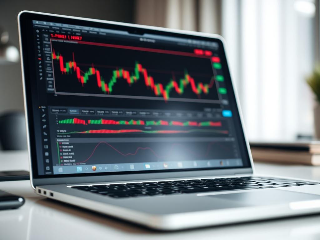 A realistic high-resolution photo of a laptop displaying a Forex trading chart with candlesticks and technical indicators on the screen. The setting is a clean, modern workspace with soft natural lighting. The focus is a close-up shot of the laptop screen showing the MetaTrader platform in use. The background is blurred to emphasize the screen content. The image uses a color scheme compatible with rgb(3, 125, 201) as the primary color. The photo is taken with a 45mm f/1.2 lens style to create a shallow dept