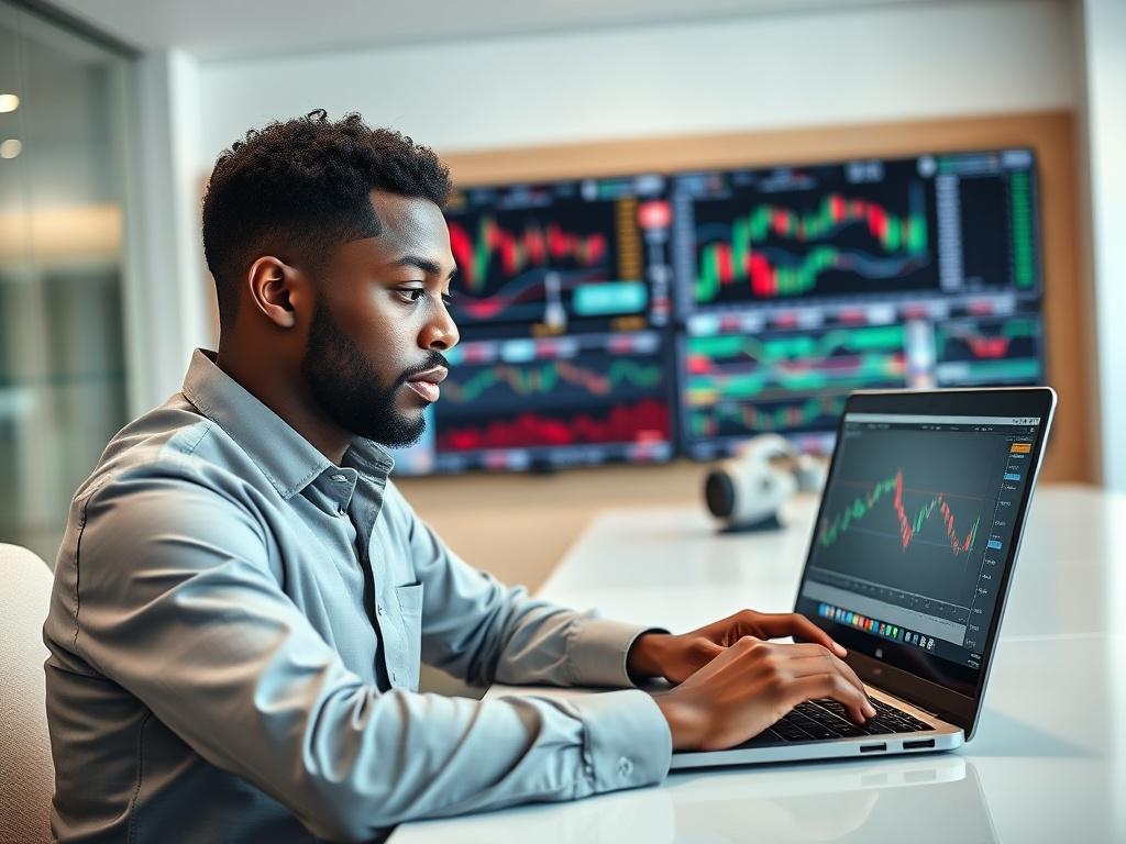 A young black professional male forex trader confidently analyzing trading charts on a laptop with MetaTrader open. He is seated at a modern desk with a focused expression, dressed in business casual attire. The background is a clean, bright office setting with subtle hints of financial charts on a wall screen. The composition is simple and clear, focusing solely on the trader to convey expertise and professionalism. The image is hyper-realistic, shot as a close-up with a 45mm f/1.2 lens style, emphasizing 