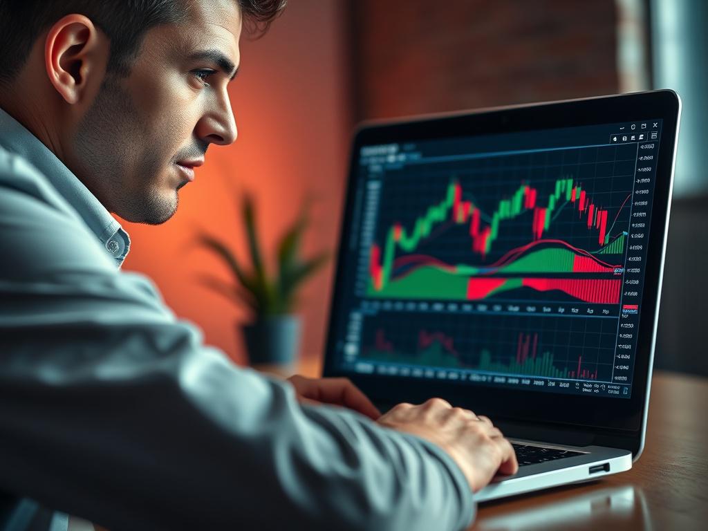A hyper-realistic, close-up shot of a confident forex trader analyzing a trading chart on a laptop screen displaying MetaTrader software. The image is captured with a 45mm f/1.2 lens style, emphasizing sharp focus on the trader's focused expression and the vibrant trading chart. The background is softly blurred in shades of rgb(3, 125, 201) to complement the primary color theme, conveying professionalism and expertise.