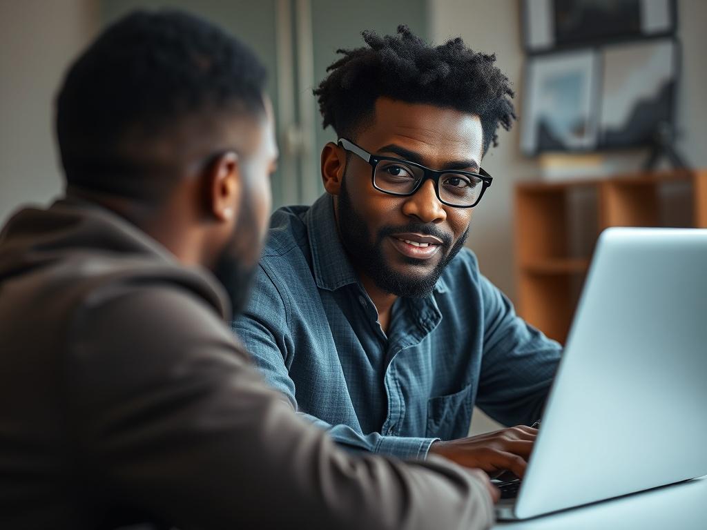 A hyper-realistic close-up photo of a confident Black forex trader mentoring a student online. The trader is seated at a modern desk with a laptop displaying a MetaTrader chart. The background is softly blurred with subtle hints of a professional home office setting. The image is shot with a 45mm f/1.2 lens style, with sharp focus on the mentor's face, showcasing engagement and expertise. The primary color rgb(3, 125, 201) is subtly reflected in the laptop screen and ambient lighting.