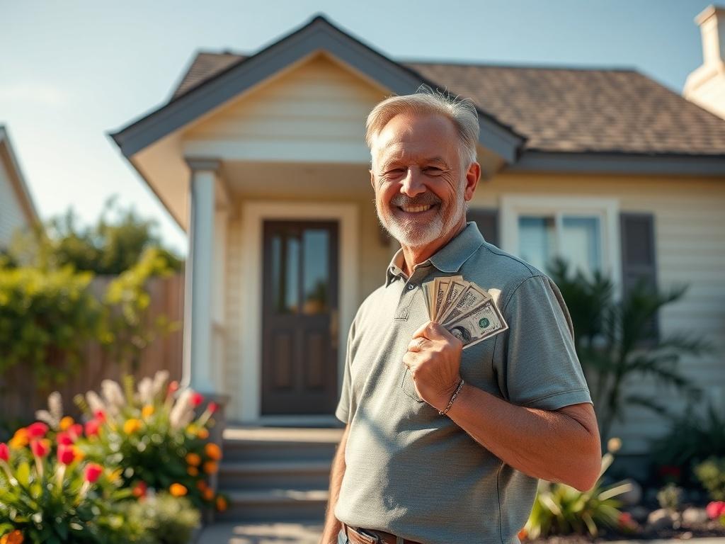 **AI Image Generation Prompt:**

Create a high-resolution, hyper-realistic photograph that illustrates the concept of selling a home for cash. The image should depict a single, cheerful homeowner standing outside a modest but inviting house, showcasing a sense of relief and happiness. The homeowner—a middle-aged individual—should be holding a set of cash in one hand, while the other hand is casually placed on the side of the house, symbolizing a successful sale.

The background should feature a well-kept fr