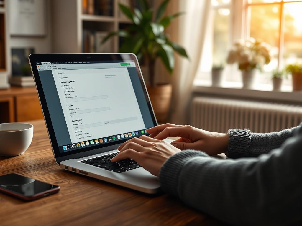 A person sitting at a desk with a laptop open,