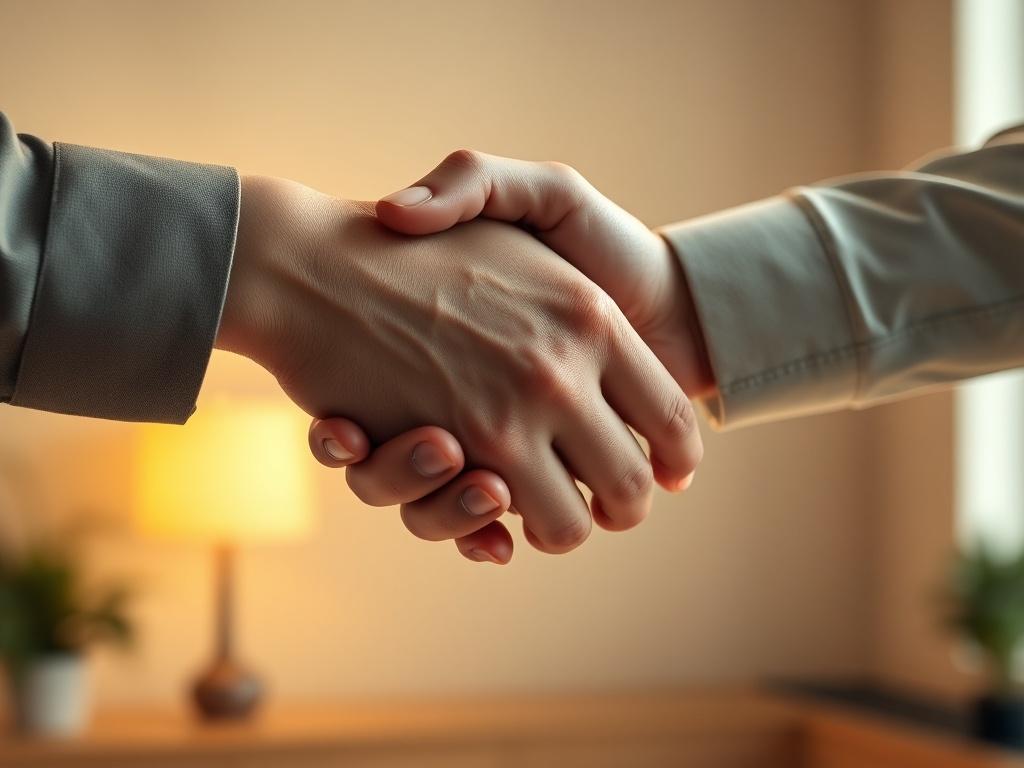 A close-up shot of a pair of hands shaking firmly, symbolizing a successful home sale closing. The background is softly blurred to emphasize the handshake, with a subtle hint of a house outline in the background. The lighting is warm and inviting, creating a sense of trust and satisfaction. The color theme incorporates the rgb(50, 170, 39) to align with the brand identity.
