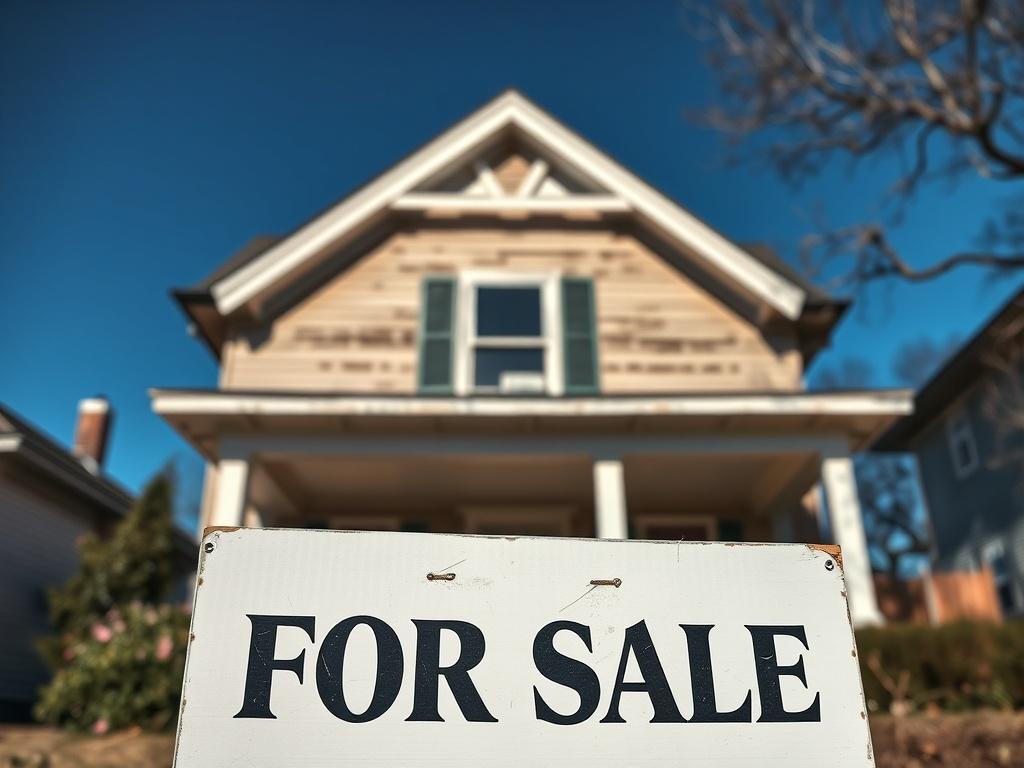 A close-up shot of a 'For Sale' sign in front of an older house that shows signs of wear, with a clear blue sky above, emphasizing the ease of selling without repairs.