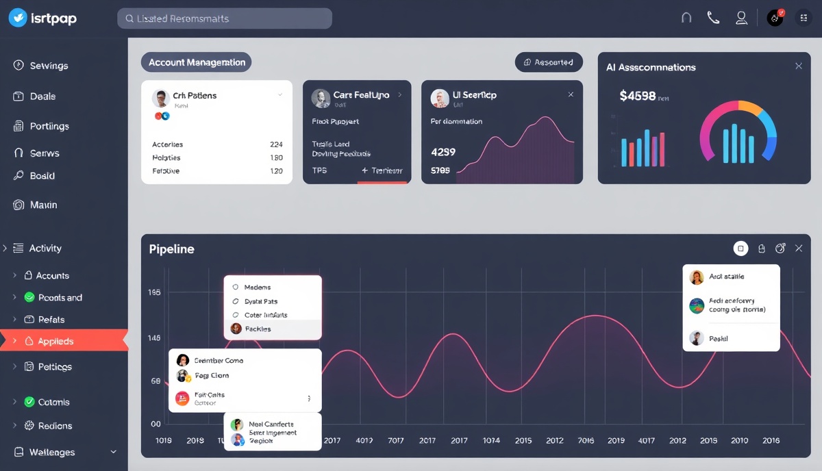 CRM platform dashboard showing accounts, deals, contacts, and AI-assisted recommendations