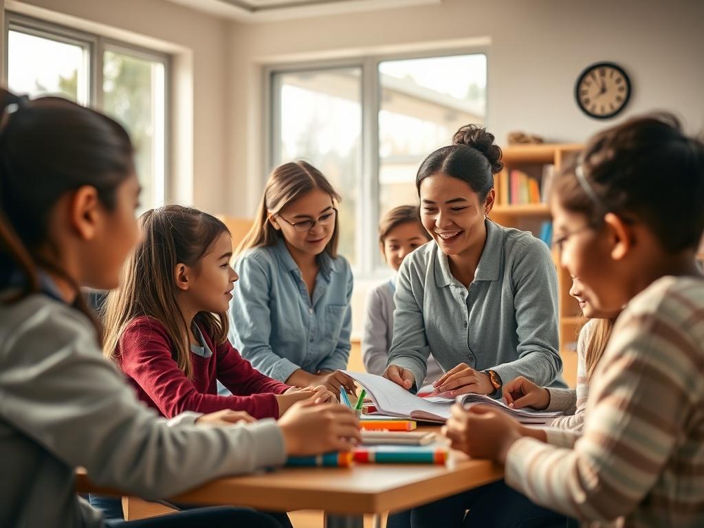 A serene classroom setting with a diverse group of students