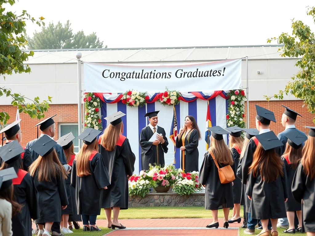 A joyful graduation ceremony held on the school grounds, with