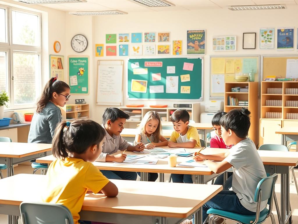 A vibrant classroom filled with students actively engaged in group