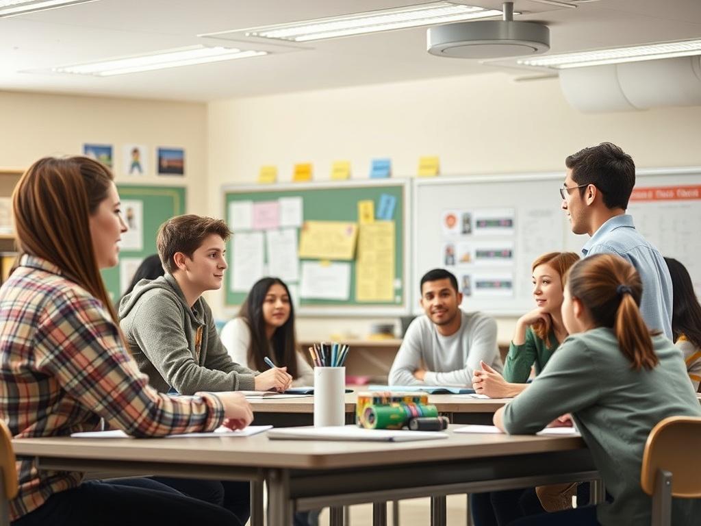 A dynamic high school classroom with students actively participating in