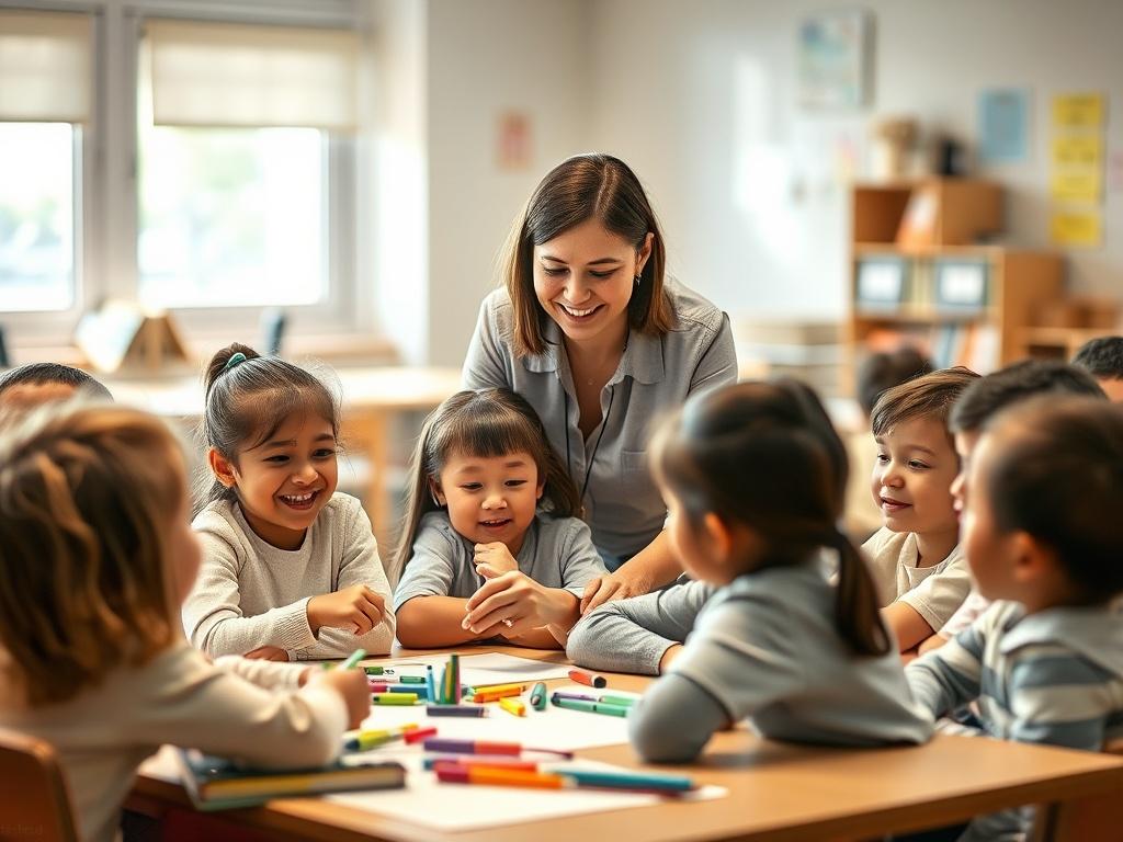 A warm classroom environment filled with young students engaged in