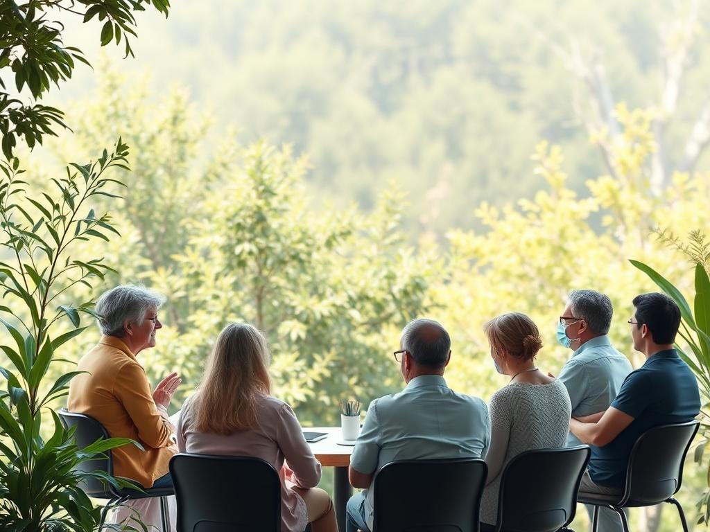 A serene forum setting with educators and parents engaging in