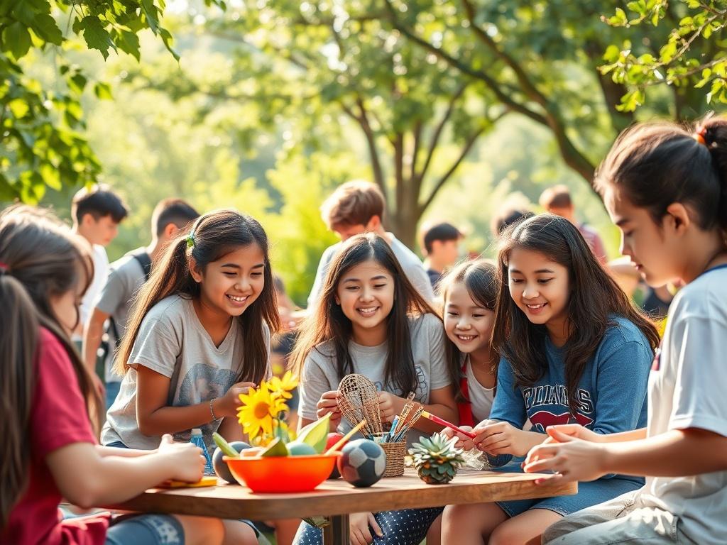A vibrant outdoor setting with students participating in various extracurricular