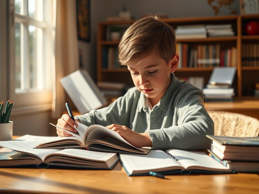 A focused primary school student studying with books and notes