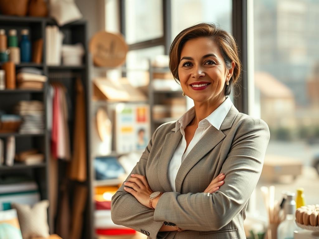 **AI Image Generation Prompt:**

Create a realistic high-resolution photo that encapsulates the essence of a blog titled "Understanding Property & Business Personal Property Insurance." The composition should be simple and clear, featuring a single subject: a confident business owner, a middle-aged woman of Hispanic descent, standing in her small, well-organized retail store in New York City. She is dressed in professional attire, smiling, with her arms crossed, conveying assurance and expertise.

The backg