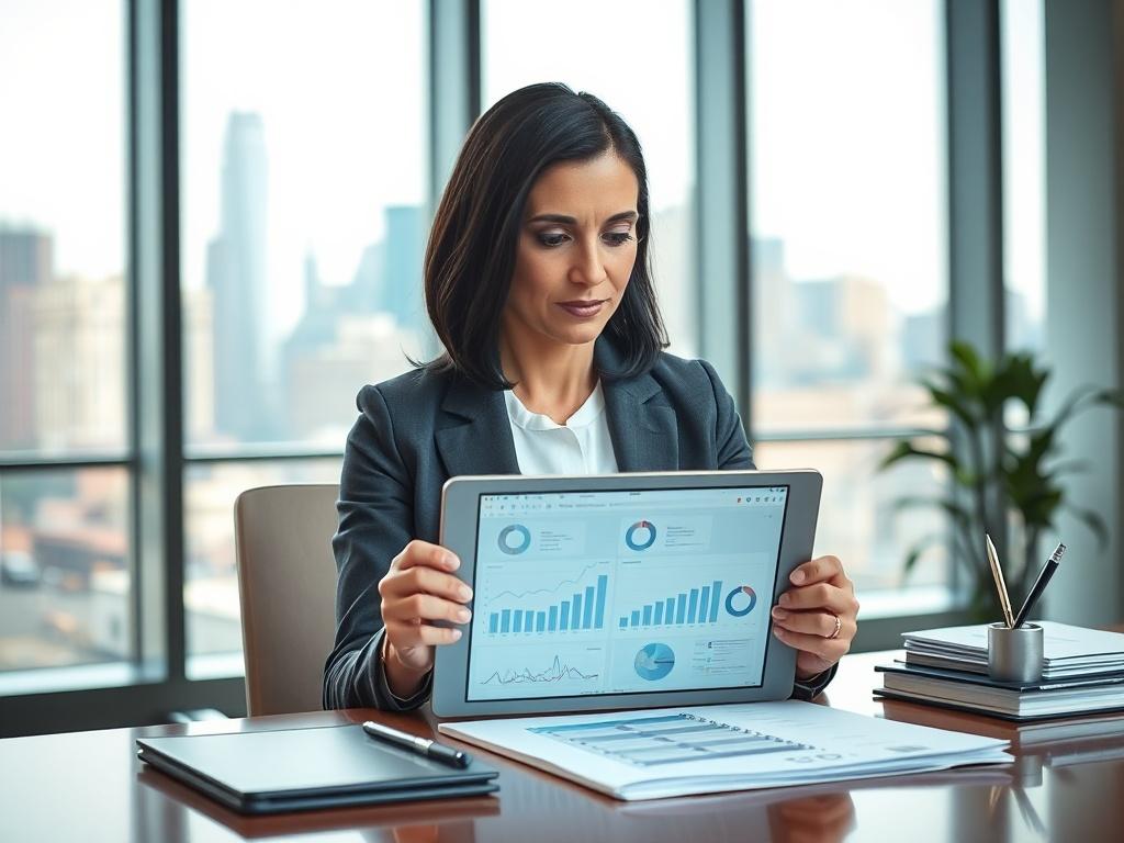 Create a realistic high-resolution image featuring a single, well-dressed business professional sitting at a neatly organized desk in a modern office environment. The subject is a middle-aged woman with dark hair, looking intently at a digital tablet that displays graphs and charts related to commercial general liability insurance. She appears confident and engaged, embodying the essence of decision-making for a small business owner in New York City.

The background should illustrate a bright and airy offic