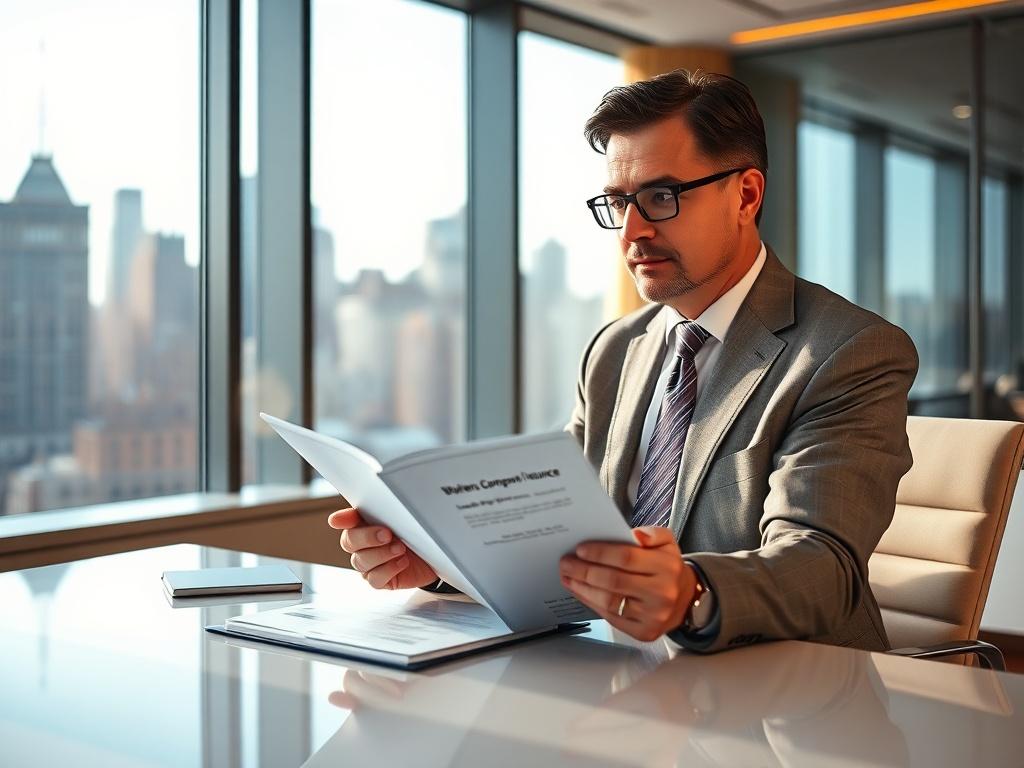 Create a realistic high-resolution photo featuring a knowledgeable insurance advisor sitting at a sleek, modern desk in an office environment that reflects the essence of New York City. The focus should be on the advisor, a middle-aged professional wearing business attire, engaged in a thoughtful discussion with a client. The advisor should be holding a folder titled "Workers' Compensation Insurance" while pointing to a clear, open booklet displaying relevant information about the insurance. 

The backgroun