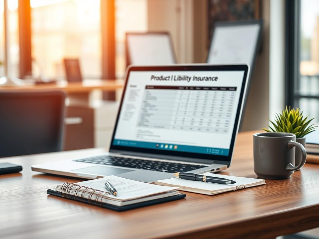 Create a realistic high-resolution photo focusing on a modern office desk setting that embodies the essence of "Understanding Product Liability Insurance." The composition should feature a well-organized desk with a single subject – a professional-looking laptop open to a detailed spreadsheet or presentation about product liability insurance. On the desk, include essential items such as a sleek notebook with a pen, a coffee mug, and a small potted plant that adds a touch of greenery. 

The background should