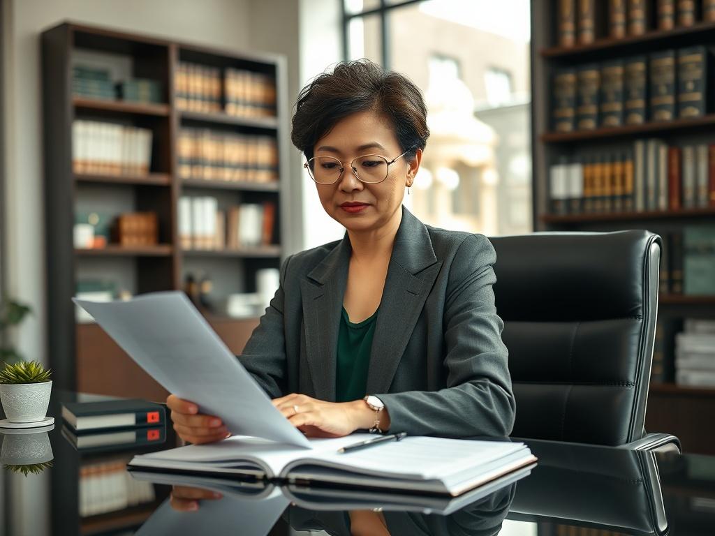 Create a realistic high-resolution photo focused on a confident, middle-aged woman of Asian descent seated at a sleek, modern desk. She is thoughtfully reviewing a policy document regarding General Liability Insurance, demonstrating a professional demeanor. The woman wears a stylish blazer and has a notepad in front of her with a pen poised to take notes. 

The background should be a softly blurred office setting, featuring a bookshelf filled with law and insurance texts, and a large window that lets in nat