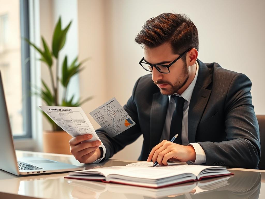 "Create a highly realistic, high-resolution close-up photograph of a business professional seated at a sleek, modern desk, intently studying a simple, open notebook filled with handwritten notes and diagrams related to commercial insurance concepts. The subject should be a focused individual wearing business attire, with one hand resting on the notebook and the other holding a pen, as if taking notes. The background should be softly blurred to emphasize the subject, featuring a neutral, warm atmosphere with