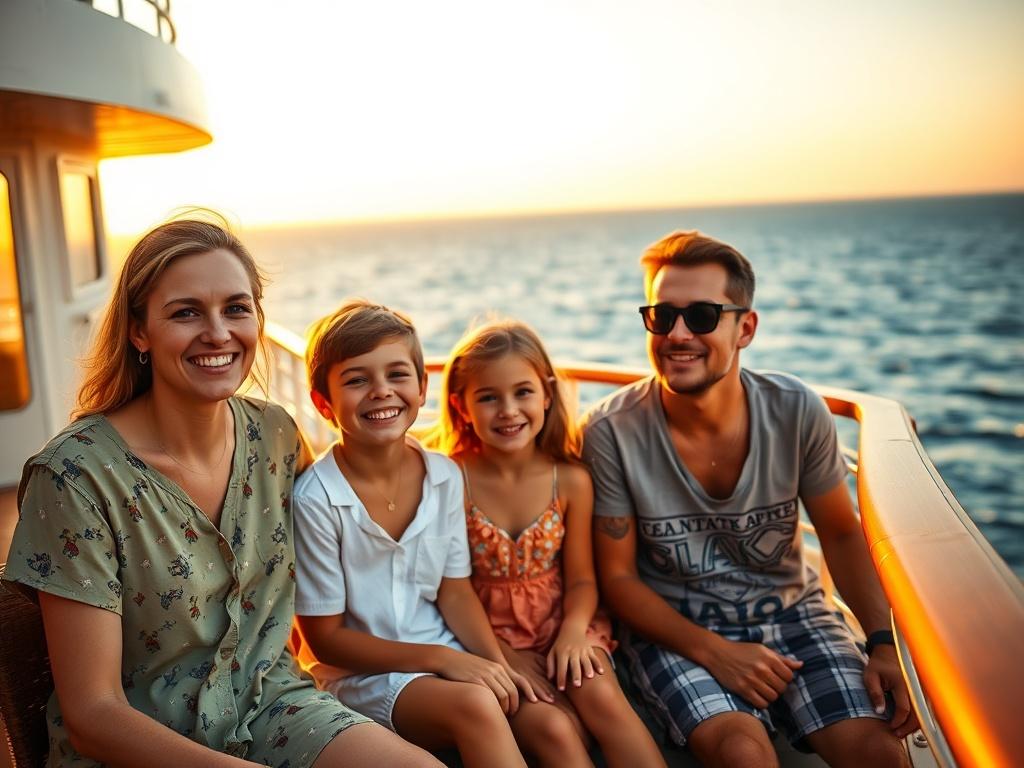 A family enjoying a cruise, smiling and relaxed. The scene captures a mother and father with two children, all dressed in casual summer attire, sitting on a deck with a beautiful ocean view in the background. The warm golden hues of the sunset illuminate their faces, creating a cozy and inviting atmosphere. Soft lighting enhances the serene ambiance, emphasizing the joy of togetherness on this restorative vacation.