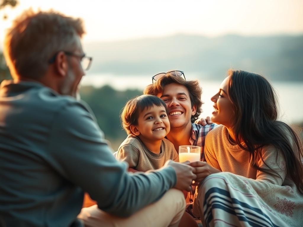 An inspiring image of a family enjoying a restorative vacation, highlighting the joy and relaxation they experience. The setting should be serene, with soft lighting and a focus on togetherness, symbolizing the impact of sponsorship.