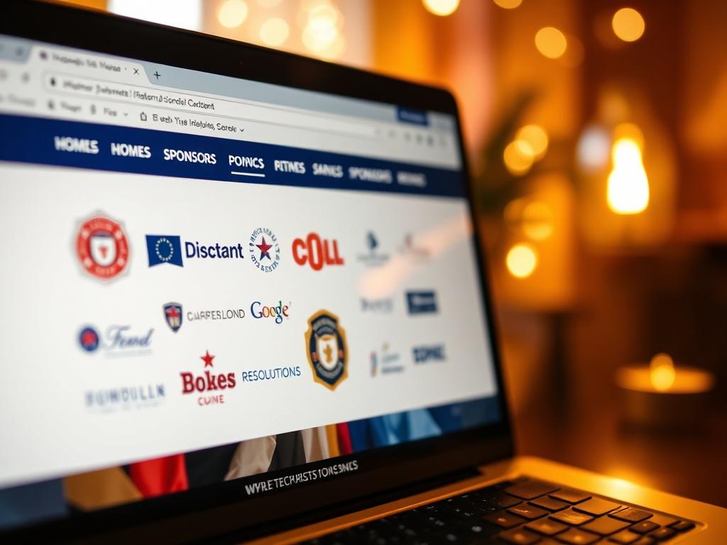 A close-up of a beautifully designed website page featuring logos of sponsors, with a patriotic theme. The background should be warm and inviting, symbolizing community support for first responders.