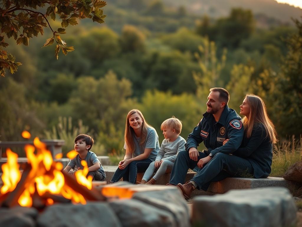 A serene and inviting retreat setting, showcasing a tranquil landscape with soft golden hues. In the foreground, a first responder family enjoys a peaceful moment together, perhaps sitting by a cozy fire or walking through nature. The background features lush greenery and soft lighting that enhances the calming atmosphere, creating a sense of warmth and community.