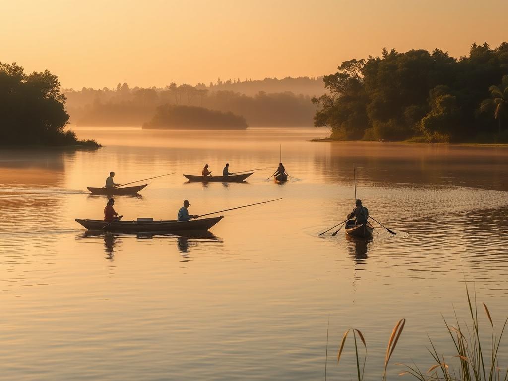 A picturesque lake at dawn with participants fishing from boats,
