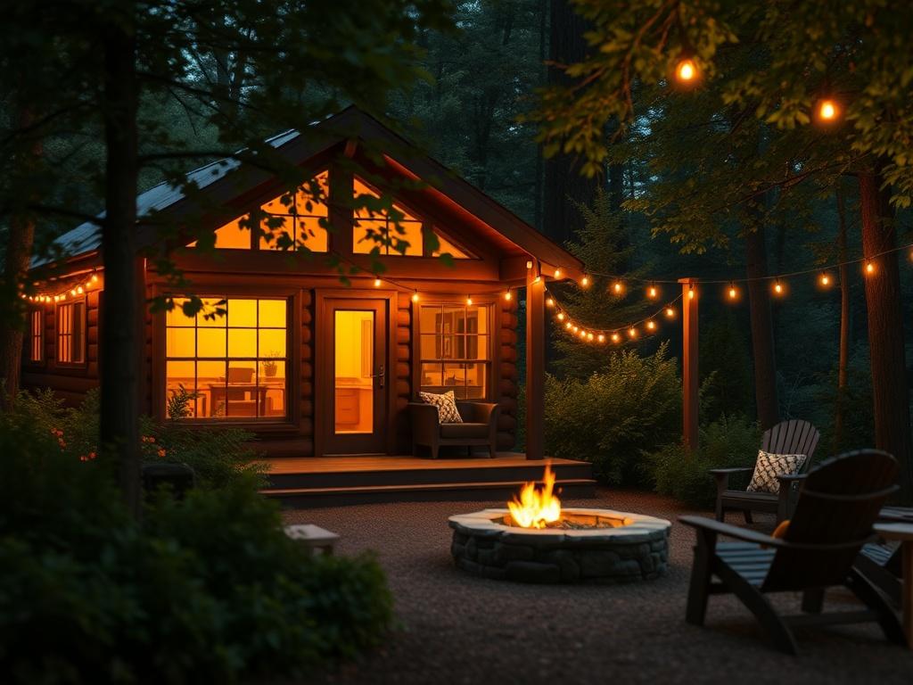 A serene retreat setting featuring a cozy cabin surrounded by