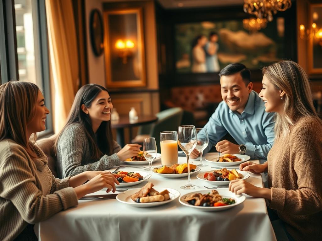 A family with teenagers enjoying a meal at a nice restaurant. The scene is warm and inviting, with cozy golden hues and soft lighting that creates a serene atmosphere. The family is sitting around a beautifully set table with delicious food served on plates. The teenagers are laughing and engaging in conversation, while the parents smile, creating a joyful and relaxed environment. The background shows elegant decor typical of a fine dining establishment, enhancing the overall ambiance.
