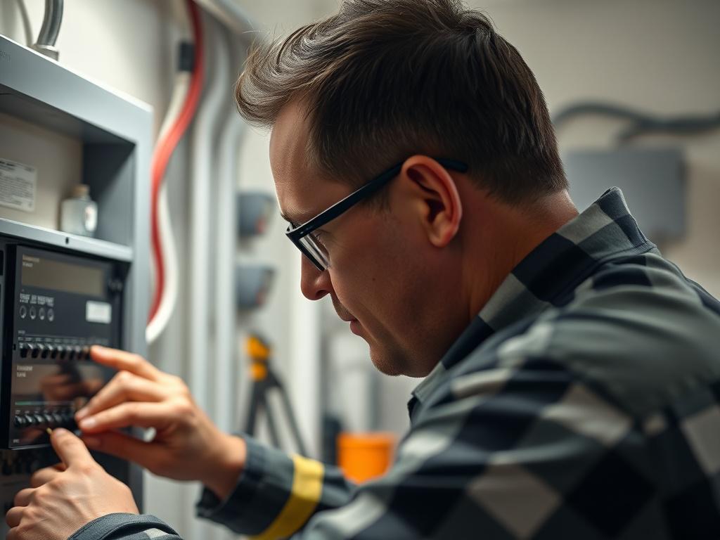 A close-up shot of an inspector checking a home’s electrical panel, highlighting safety measures in place. The background shows a well-organized utility area, emphasizing the importance of regular maintenance inspections. Captured with a 45mm f/1.2 lens.
