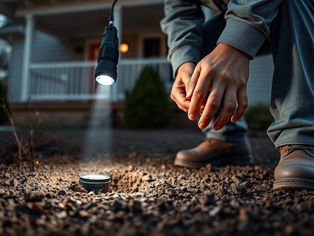 A close-up shot of a home inspector examining a house's foundation with a flashlight, showcasing detailed inspection tools. The background is a well-maintained home exterior, emphasizing the importance of thorough home inspections. The focus is sharp on the inspector's hands and the foundation, captured with a 45mm f/1.2 lens.