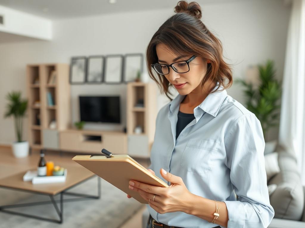 A close-up shot of a property manager inspecting a rental unit's living room, with a clipboard in hand and a focus on the pristine condition of the space. The background features modern furnishings, emphasizing the importance of thorough inspections for property management. Captured with a 45mm f/1.2 lens.